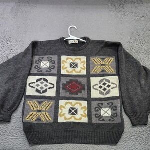 Vintage AGGIO Sweater Mens Large Gray Geometric Knit Crewneck Pullover 80s